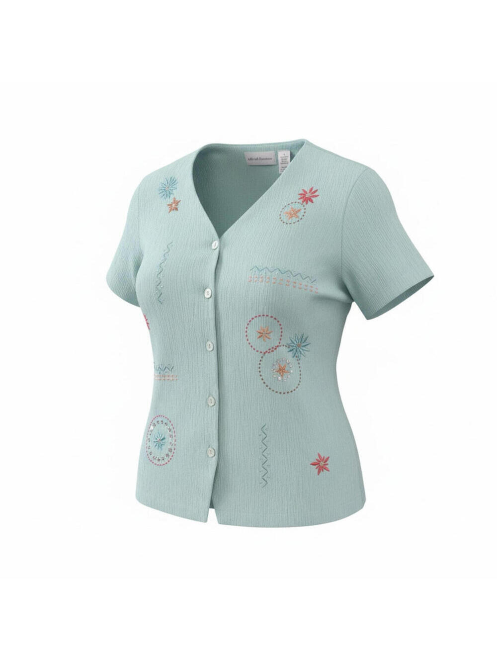 Alfred Dunner Blouse Womens 14 Seafoam Embroidered Floral Short Sleeve Button